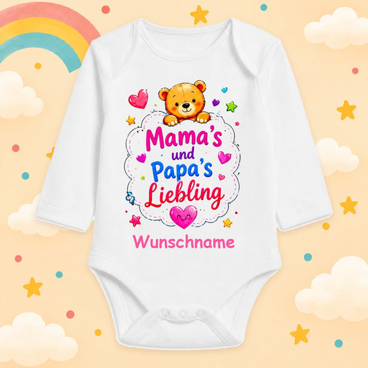 Personalisierter Babybody Langarm mit Wunschname – Mama’s und Papa’s Liebling – Süßer Teddy Baby Body – Geschenk zur Geburt, Babyparty & für werdende Eltern
