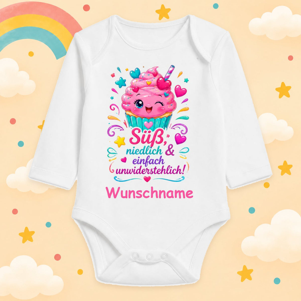 Personalisierter Babybody Mädchen Langarm mit Wunschname – Süß, niedlich & unwiderstehlich – Cupcake Baby Body – Geschenk zur Geburt, Babyparty & Taufe