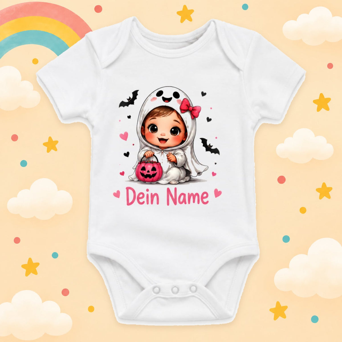 Baby Body Halloween Personalisiert mit Wunschname Weißer Kurzarm Body aus Baumwolle Süße Halloween Motive Geschenk Jungen Mädchen Neugeborene Geburt Taufe, Gespenst