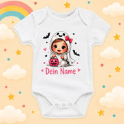 Baby Body Halloween Personalisiert mit Wunschname Weißer Kurzarm Body aus Baumwolle Süße Halloween Motive Geschenk Jungen Mädchen Neugeborene Geburt Taufe, Gespenst
