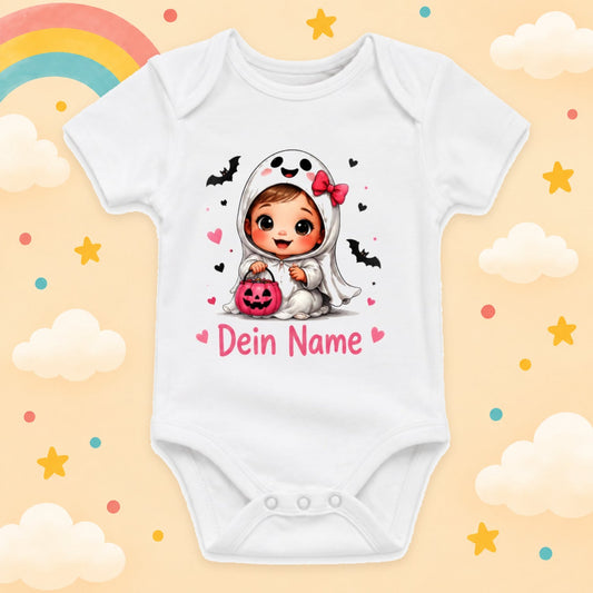 Baby Body Halloween Personalisiert mit Wunschname Weißer Kurzarm Body aus Baumwolle Süße Halloween Motive Geschenk Jungen Mädchen Neugeborene Geburt Taufe, Gespenst