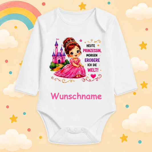 Babybody Mädchen personalisiert mit Wunschname Motiv & Spruch Heute Prinzessin morgen Welt erobern Individuell bedruckt langarm Baumwolle weiß Geschenk zur Geburt, Taufe & Babyparty