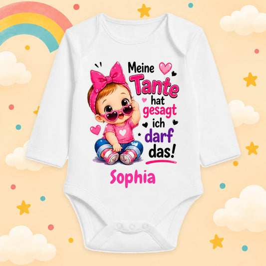 Babybody Mädchen personalisiert mit Wunschname Motiv & Spruch Meine Tante hat gesagt ich darf das Individuell bedruckt langarm Baumwolle weiß Geschenk zur Geburt, Taufe & Babyparty