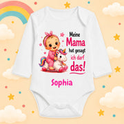 Babybody Mädchen personalisiert mit Wunschname Motiv & Spruch Meine Mama hat gesagt ich darf das Individuell bedruckt langarm Baumwolle weiß Geschenk zur Geburt, Taufe & Babyparty
