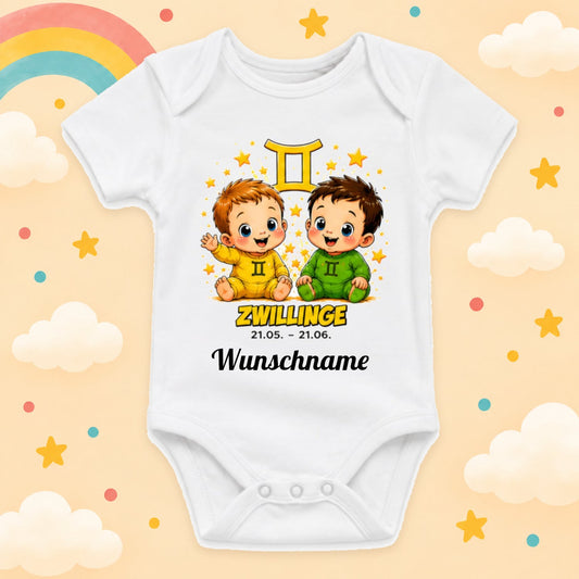 Babybody Sternzeichen Personalisiert mit Wunschname Weißer Kurzarm Baby Body aus Baumwolle – Geschenk zur Geburt, Taufe, Babyparty unisex für Jungen & Mädchen, Zwillinge