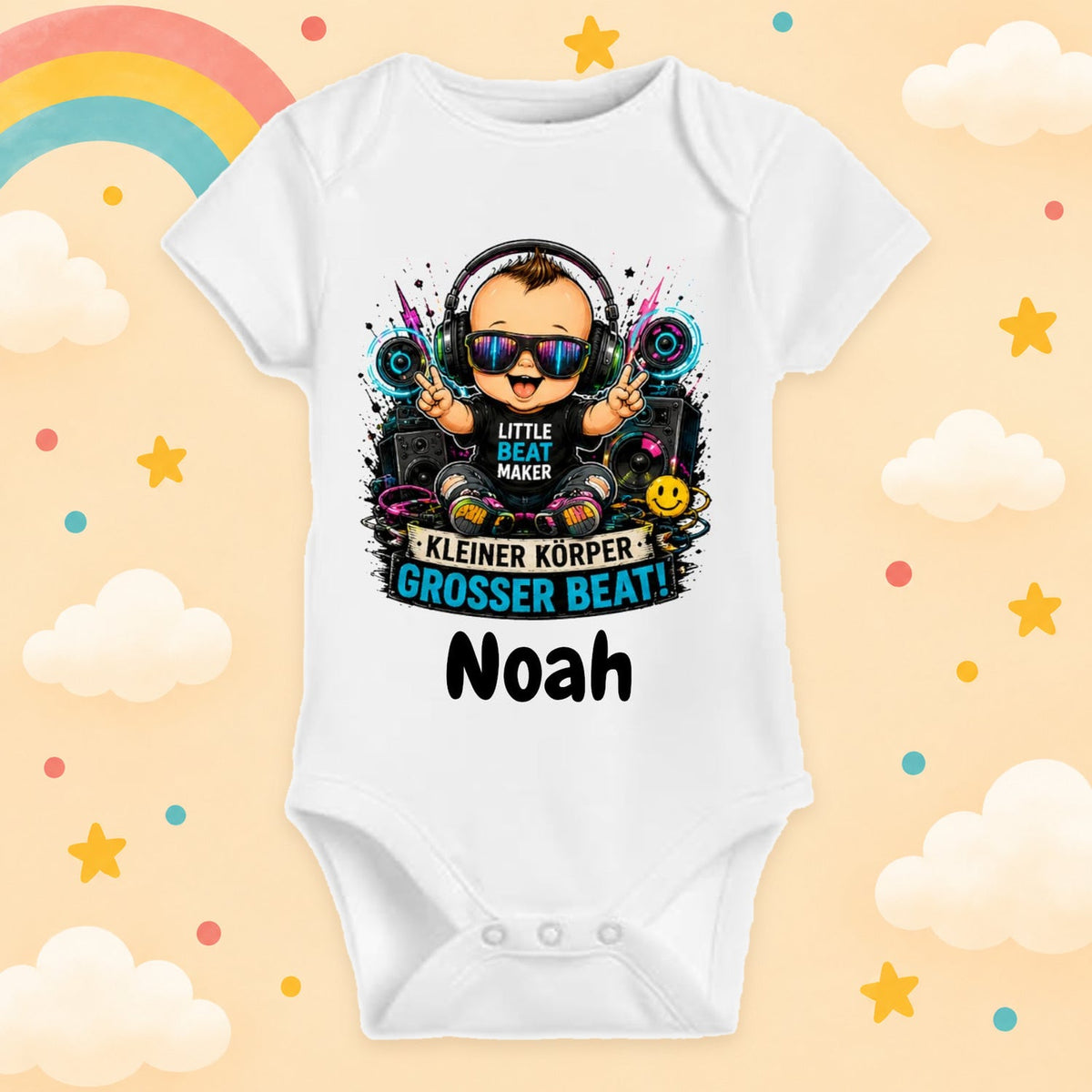 Babybody Personalisiert Techno Junge Motiv & Spruch Kleiner Körper großer Beat Individuell bedruckt mit Wunschname Baumwolle Geschenk zur Geburt, Taufe & Babyparty