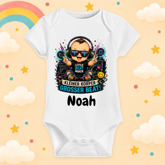 Babybody Personalisiert Techno Junge Motiv & Spruch Kleiner Körper großer Beat Individuell bedruckt mit Wunschname Baumwolle Geschenk zur Geburt, Taufe & Babyparty