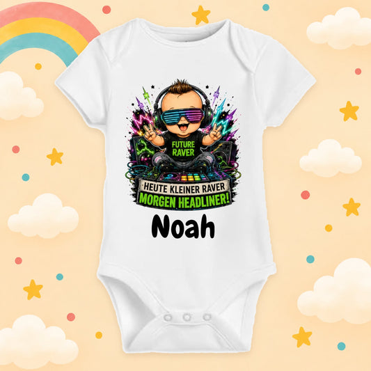 Babybody Personalisiert Techno Junge Motiv & Spruch Heute kleiner Raver morgen Headliner Individuell bedruckt mit Wunschname Baumwolle Geschenk zur Geburt, Taufe & Babyparty