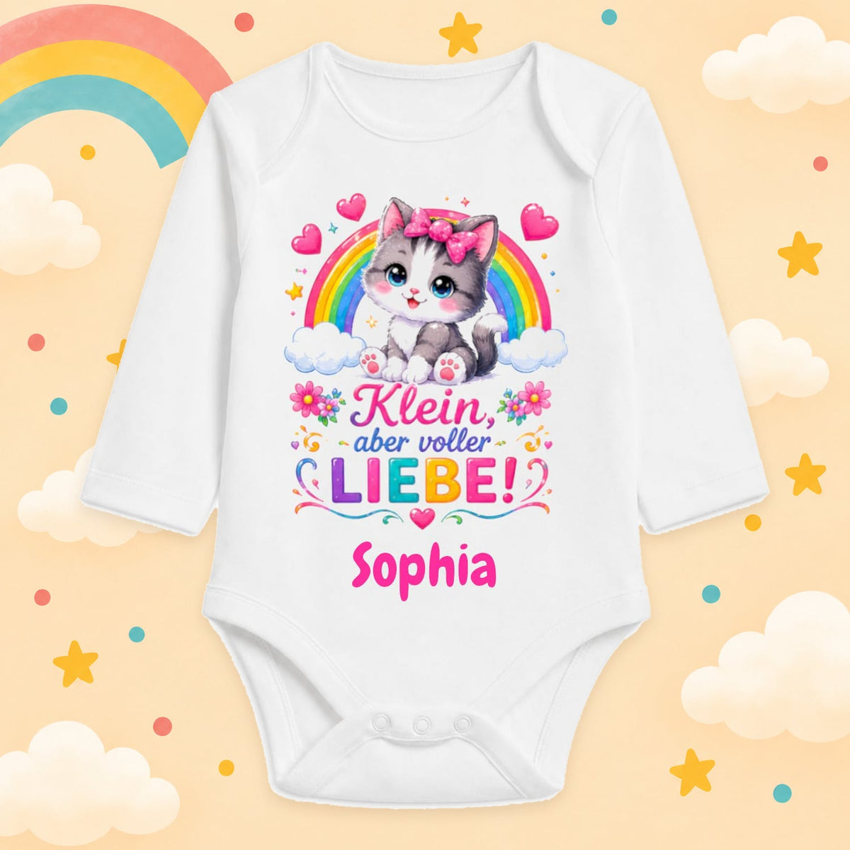 Babybody Mädchen personalisiert mit Wunschname Katze Motiv & Spruch Klein aber voller Liebe Individuell bedruckt langarm Baumwolle weiß Geschenk zur Geburt, Taufe & Babyparty
