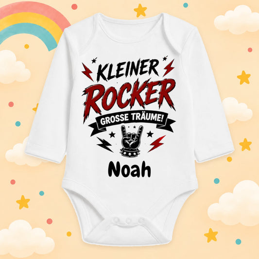 Babybody Langarm personalisiert mit Name Rocker Baby Body mit Rock & Metal Motiv Lustiger Spruch Geschenk für Jungen & Mädchen, Kleiner Rocker große Träume