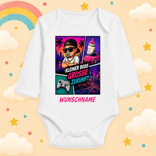 Babybody Personalisierter Gaming & Videospiel Zocker Motiv Langarm mit Wunschname Neon Großstadt Gamer Baby Outfit Baumwolle Weiß Geschenk Taufe Geburt, Kleiner Boss große Zukunft