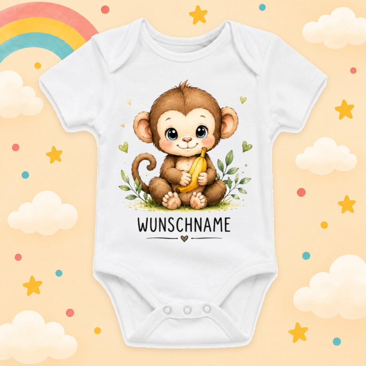 Babybody Motiv Affe personalisiert mit Wunschname unisex Individuell bedruckt kurzarm Baumwolle weiß süßes Tiermotiv Geschenk zur Geburt, Taufe & Babyparty