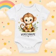 Babybody Motiv Affe personalisiert mit Wunschname unisex Individuell bedruckt kurzarm Baumwolle weiß süßes Tiermotiv Geschenk zur Geburt, Taufe & Babyparty