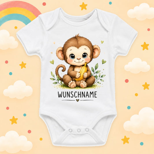Babybody Motiv Affe personalisiert mit Wunschname unisex Individuell bedruckt kurzarm Baumwolle weiß süßes Tiermotiv Geschenk zur Geburt, Taufe & Babyparty