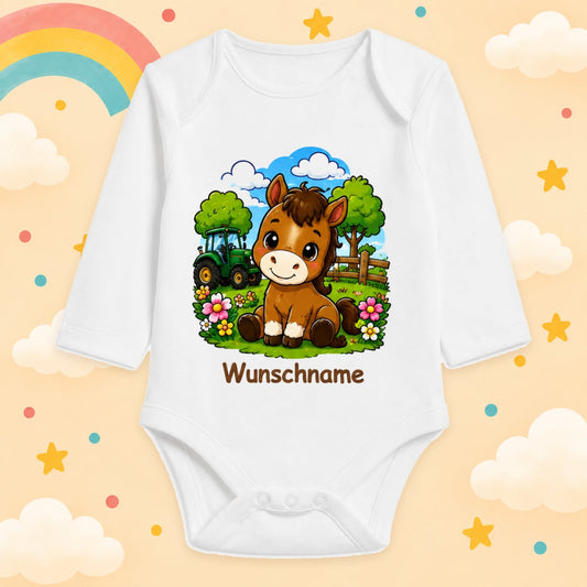 Babybody Bauernhof personalisiert mit Name – Langarm Baby Body mit Wunschname Geschenk zur Geburt für Jungen & Mädchen, Pferd