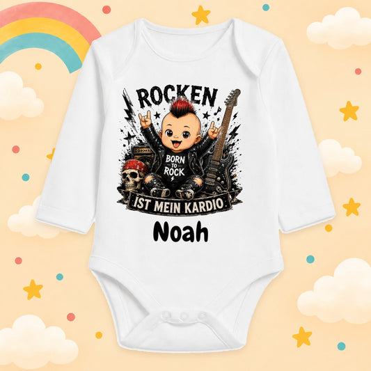Personalisierter Babybody Langarm mit Name Rock & Metal Baby Body mit Wunschname Lustige Rocker Motive für Jungen & Mädchen Geschenk zur Geburt, Rocken ist mein Kardio