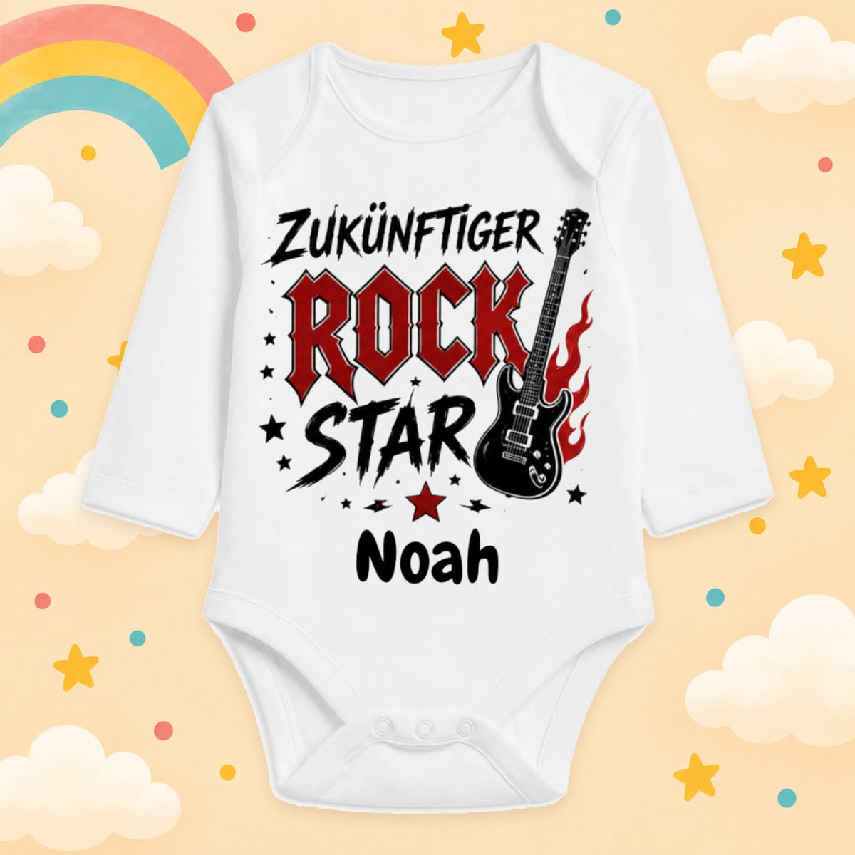 Babybody Langarm personalisiert mit Name Rocker Baby Body mit Rock & Metal Motiv Lustiger Spruch Geschenk für Jungen & Mädchen, Zukünftiger Rock Star