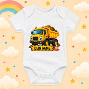Babybody Baustelle Personalisiert mit Wunschname – Weißer Kurzarm Baby Body aus Baumwolle – Baby Geschenk Geburt Junge Mädchen, Kipper