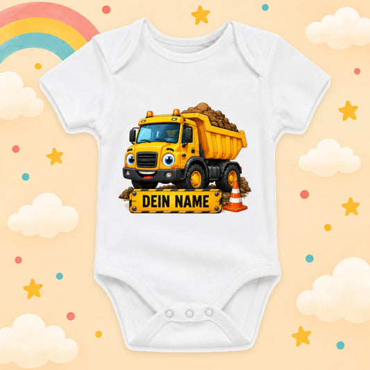 Babybody Baustelle Personalisiert mit Wunschname – Weißer Kurzarm Baby Body aus Baumwolle – Baby Geschenk Geburt Junge Mädchen, Kipper