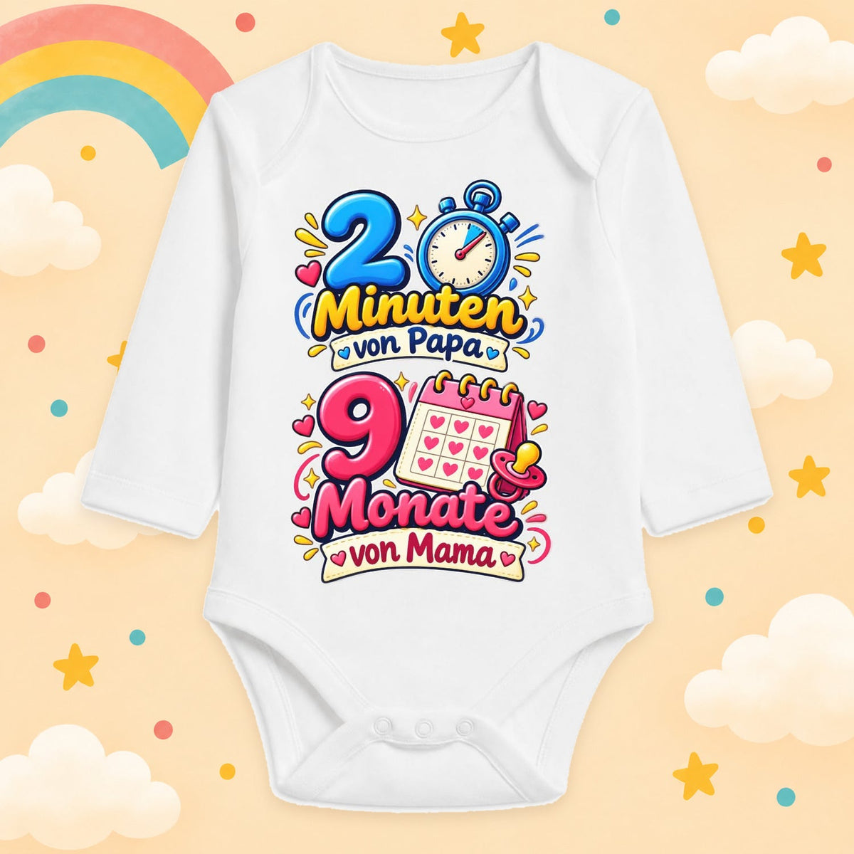 Babybody Langarm 2 Minuten von Papa 9 Monate von Mama – Lustiger Spruchbody aus 100 % Baumwolle – Geschenk zur Geburt, Babyparty & für werdende Eltern – Weiß