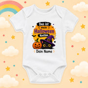 Baby Body Halloween Personalisiert mit Wunschname Weißer Kurzarm Body aus Baumwolle Süße Halloween Motive Geschenk Jungen Mädchen Neugeborene Geburt Taufe, Katze