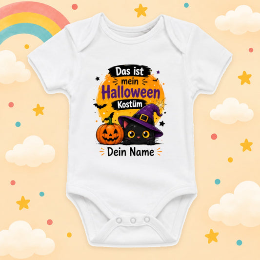 Baby Body Halloween Personalisiert mit Wunschname Weißer Kurzarm Body aus Baumwolle Süße Halloween Motive Geschenk Jungen Mädchen Neugeborene Geburt Taufe, Katze