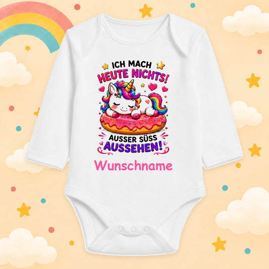 Personalisierter Babybody Mädchen Langarm mit Wunschname – Ich mach heute nichts außer süß aussehen – Einhorn Baby Body mit Name – Lustiger Spruch – Geschenk zur Geburt