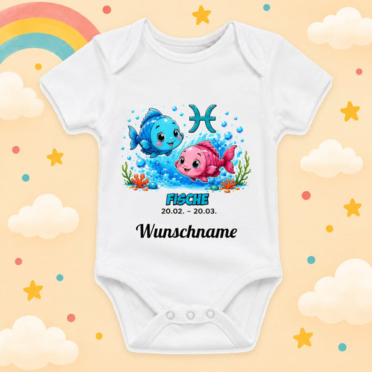 Babybody Sternzeichen Personalisiert mit Wunschname Weißer Kurzarm Baby Body aus Baumwolle – Geschenk zur Geburt, Taufe, Babyparty unisex für Jungen & Mädchen, Fische