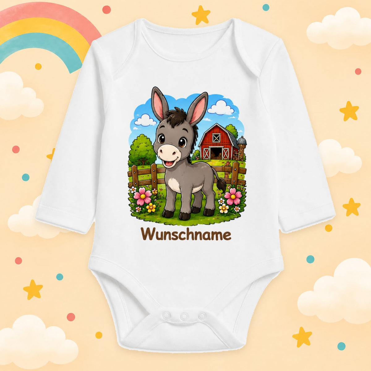 Babybody Bauernhof personalisiert mit Name – Langarm Baby Body mit Wunschname Geschenk zur Geburt für Jungen & Mädchen, Esel