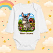 Babybody Bauernhof personalisiert mit Name – Langarm Baby Body mit Wunschname Geschenk zur Geburt für Jungen & Mädchen, Esel
