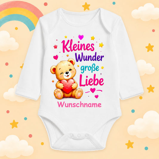 Personalisierter Babybody Langarm mit Wunschname – Kleines Wunder große Liebe – Süßer Teddy Body für Mädchen – Geschenk zur Geburt & Babyparty – Baby Body mit Namen
