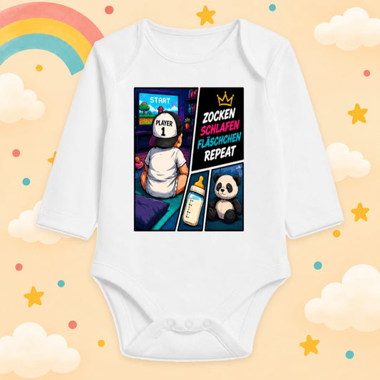 Babybody Personalisierter Gaming & Videospiel Zocker Motiv Langarm mit Wunschname Neon Großstadt Gamer Baby Outfit Baumwolle Weiß Geschenk Taufe Geburt, Zocken schlafen Fläschchen