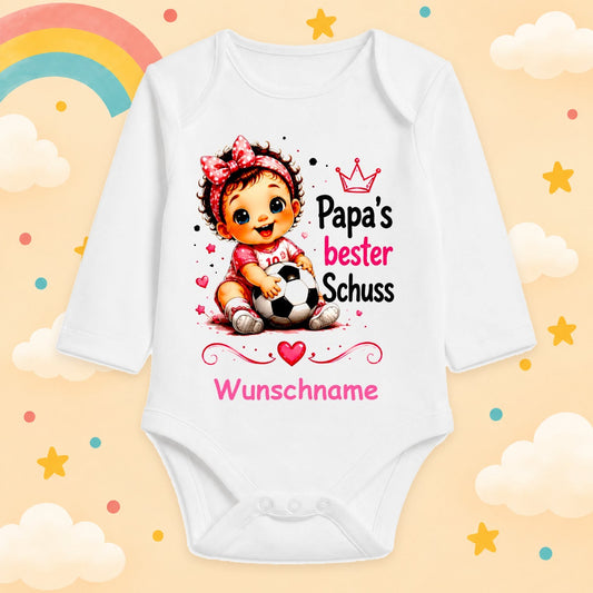 Personalisierter Babybody Mädchen Langarm mit Wunschname – Papa’s bester Schuss – Fußball Baby Body – Geschenk für Papa zur Geburt, Babyparty & Vatertag