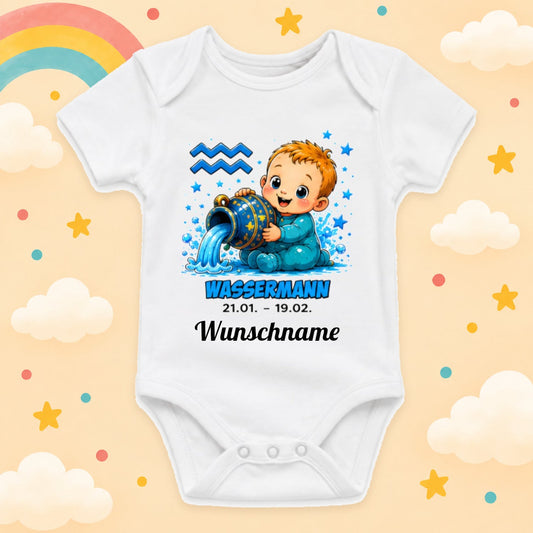 Babybody Sternzeichen Personalisiert mit Wunschname Weißer Kurzarm Baby Body aus Baumwolle – Geschenk zur Geburt, Taufe, Babyparty unisex für Jungen & Mädchen, Wassermann