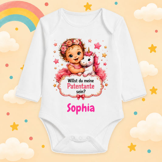 Babybody Mädchen personalisiert Einhorn Willst du meine Patentante sein mit Wunschname Motiv & Spruch Individuell bedruckt langarm Baumwolle weiß Geschenk zur Geburt, Taufe & Babyparty