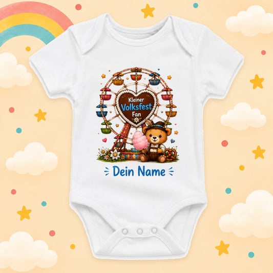 Babybody Volksfest Personalisiert mit Wunschname – Weißer Kurzarm Baby Body aus Baumwolle Riesenrad, Karussell & Kirmes Motive Baby Geschenk Geburt Junge Mädchen, Kleiner Volksfest Fan