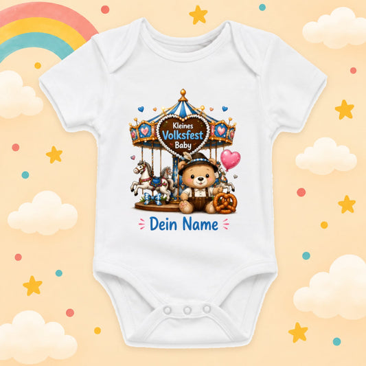 Babybody Volksfest Personalisiert mit Wunschname – Weißer Kurzarm Baby Body aus Baumwolle Riesenrad, Karussell & Kirmes Motive Baby Geschenk Geburt Junge Mädchen, Kleines Volksfest Baby