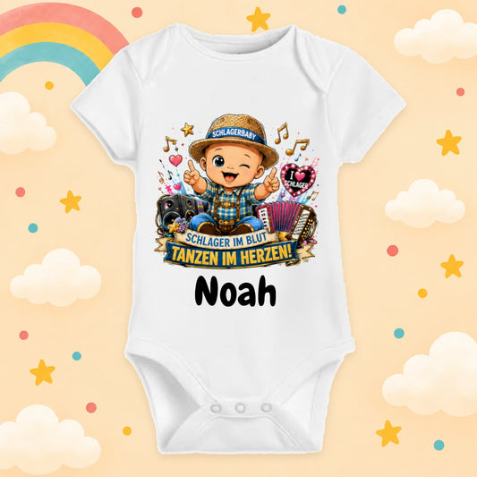 Babybody Personalisiert Schlager Motiv & Spruch Schlager im Blut tanzen im herzen Individuell bedruckt mit Wunschname Baumwolle Geschenk zur Geburt, Taufe & Babyparty