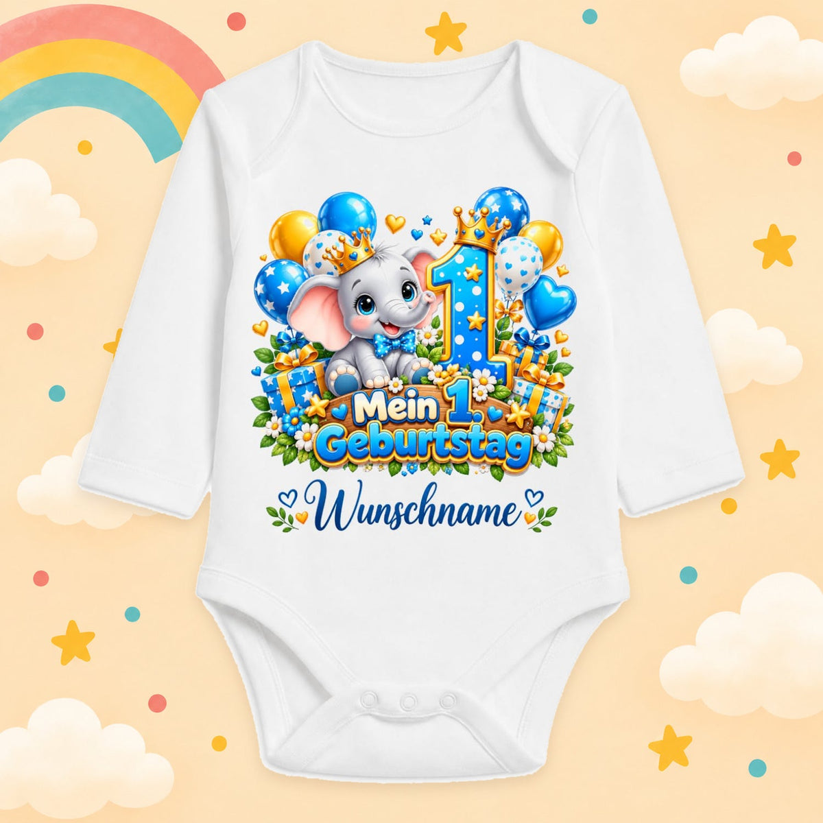 Baby Body 1. Geburtstag personalisiert mit Name - Langarmbody Jungen aus Baumwolle - Geschenk zum ersten Lebensjahr, Elefant