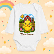 Babybody Bauernhof personalisiert mit Name – Langarm Baby Body mit Wunschname Geschenk zur Geburt für Jungen & Mädchen, Küken