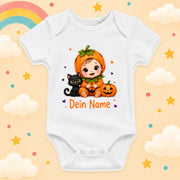 Baby Body Halloween Personalisiert mit Wunschname Weißer Kurzarm Body aus Baumwolle Süße Halloween Motive Geschenk Jungen Mädchen Neugeborene Geburt Taufe, Kürbis