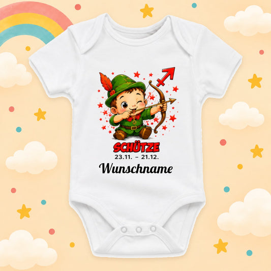 Babybody Sternzeichen Personalisiert mit Wunschname Weißer Kurzarm Baby Body aus Baumwolle – Geschenk zur Geburt, Taufe, Babyparty unisex für Jungen & Mädchen, Schütze