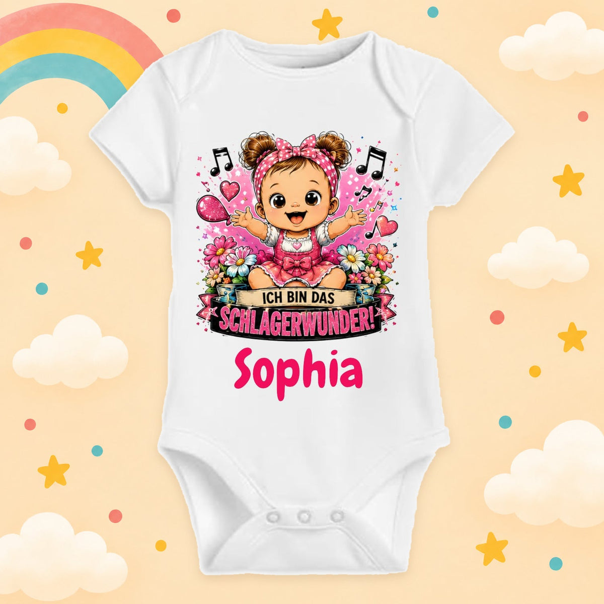 Babybody Personalisiert Schlager Mädchen Motiv & Spruch Ich bin das Schlagerwunder Individuell bedruckt mit Wunschname Baumwolle Geschenk zur Geburt, Taufe & Babyparty