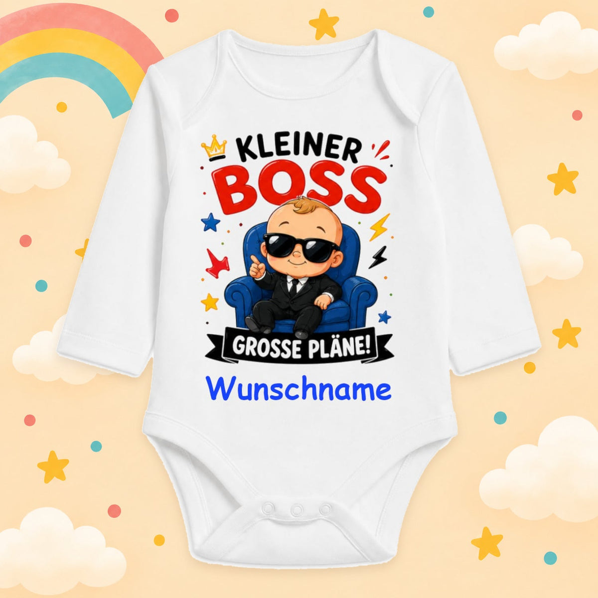 Babybody Personalisiert Junge Motiv & Spruch Kleiner Boss grosse Pläne Individuell bedruckt mit Wunschname Baumwolle weiß langarm Geschenk zur Geburt, Taufe & Babyparty