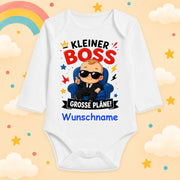 Babybody Personalisiert Junge Motiv & Spruch Kleiner Boss grosse Pläne Individuell bedruckt mit Wunschname Baumwolle weiß langarm Geschenk zur Geburt, Taufe & Babyparty