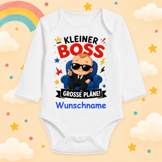 Babybody Personalisiert Junge Motiv & Spruch Kleiner Boss grosse Pläne Individuell bedruckt mit Wunschname Baumwolle weiß langarm Geschenk zur Geburt, Taufe & Babyparty