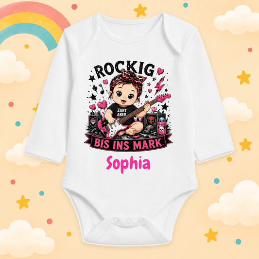Babybody Mädchen personalisiert mit Name Langarm Rock & Metal Baby Body mit Wunschname Rocker Baby Geschenk zur Geburt, Rockig bis ins Mark
