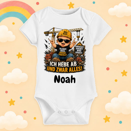 Babybody personalisiert Baustelle mit Wunschname Ich hebe ab und zwar alles Weißer Kurzarm Baby Body aus Baumwolle mit Kran Motiv Geschenk zur Geburt, Babyparty, Taufe