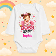 Babybody Mädchen personalisiert mit Wunschname Motiv & Spruch Boss Baby Individuell bedruckt langarm Baumwolle weiß Geschenk zur Geburt, Taufe & Babyparty