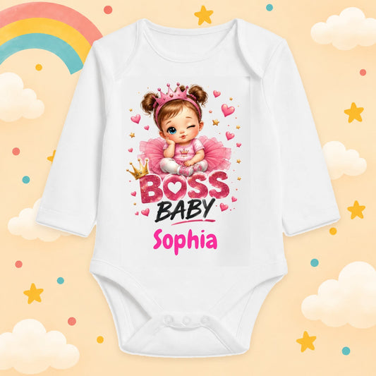 Babybody Mädchen personalisiert mit Wunschname Motiv & Spruch Boss Baby Individuell bedruckt langarm Baumwolle weiß Geschenk zur Geburt, Taufe & Babyparty